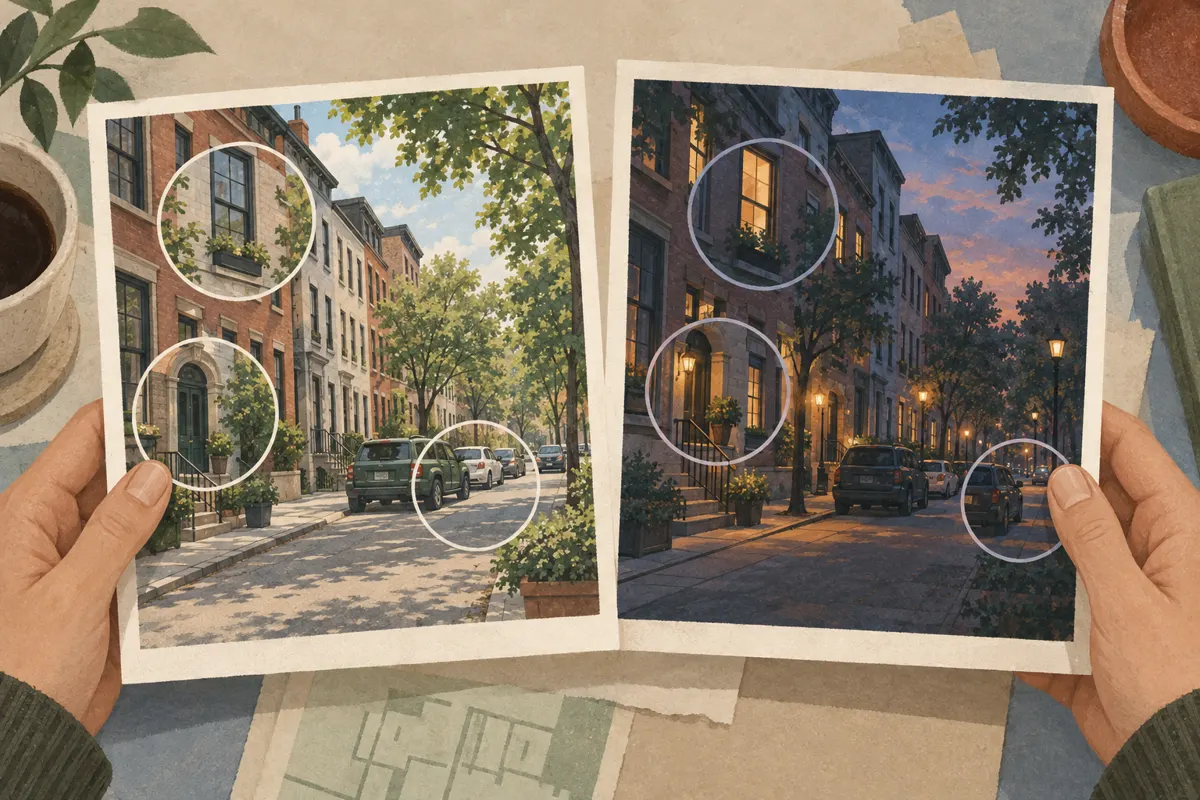 Ilustracja porównywania szczegółów ulicy na dwóch fotografiach z różnych okresów