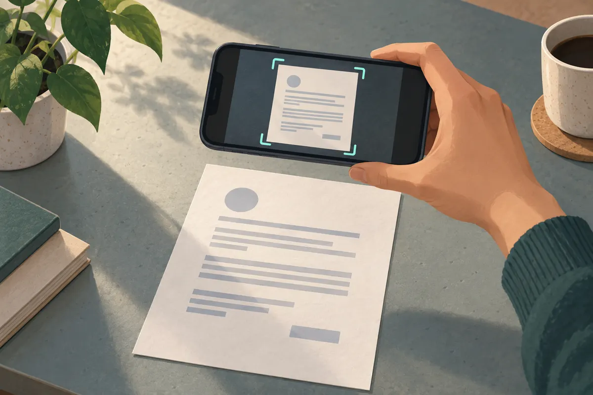 Ilustracja telefonu skanującego papierowy dokument na blacie